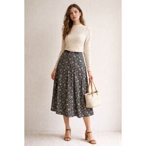 Tory Burch Silk Floral Midi Skirt Size 8 Boho Cottagecore Navy A-Line Designer